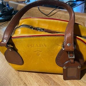 Prada Yellow and Brown Shoulder Bag with Leather Accents